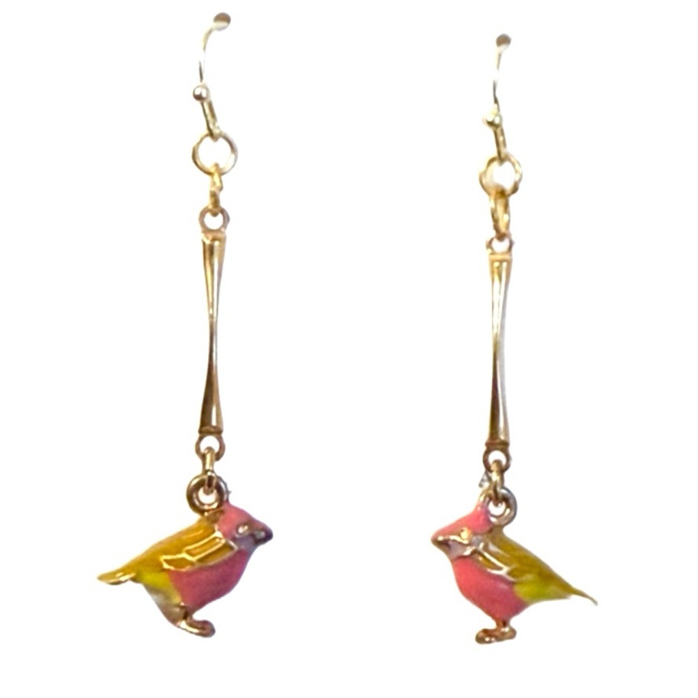 Handmade One of a Kind Gold and Pink Bird Earrings